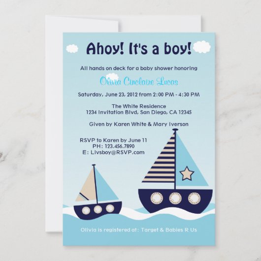 Baby shower Nautical Sailboat Baby Boy Invitation (Devant)