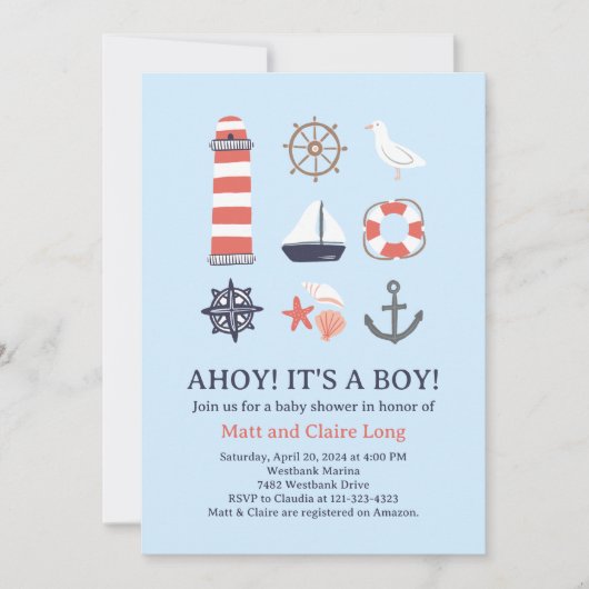 Baby shower nautique Invitation Ahoy C'est un garç (Devant)
