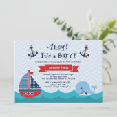 Baby shower nautique Invitation Marine Rouge et Bl (Debout devant)