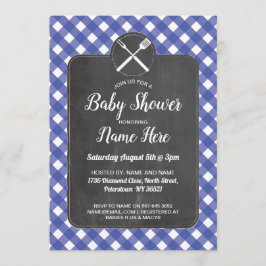 baby shower nodigt Blue Gingham Chalk BBQ Style ui Kaart