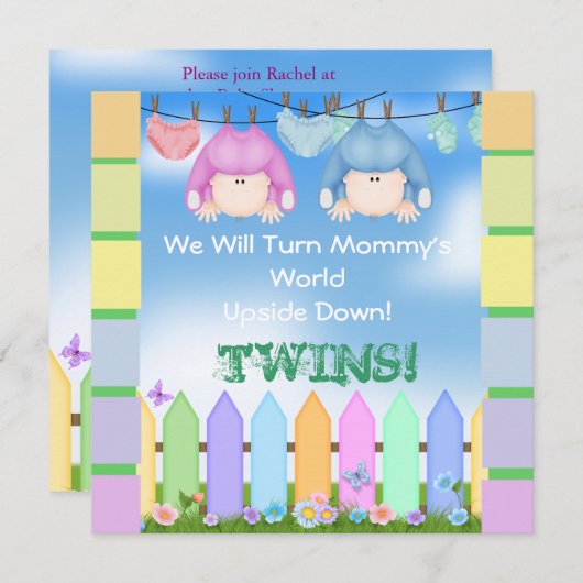 BABY SHOWER nodigt UNISEX TWINS uit! Kaart (Voorkant / Achterkant)