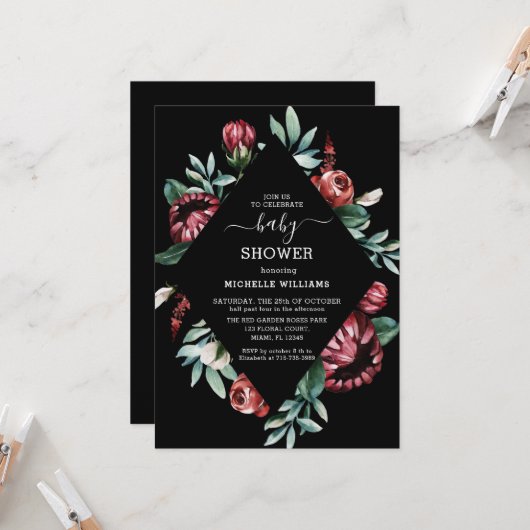 Baby shower noir avec Red Roses Floral Invitation (Devant/Arrière en situation)