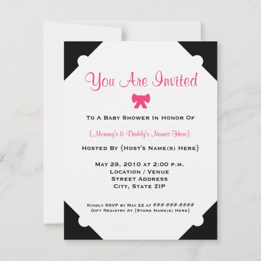 Baby shower noir blanc et rose chaud Invitation (Dos)