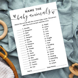 Baby shower Nom du jeu La carte Bébé Animaux