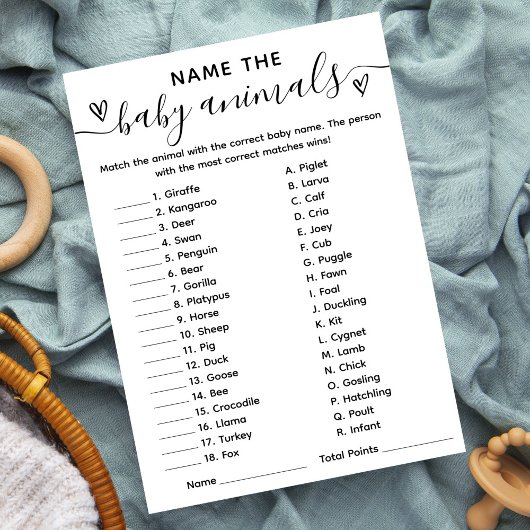 Baby shower Nom du jeu La carte Bébé Animaux