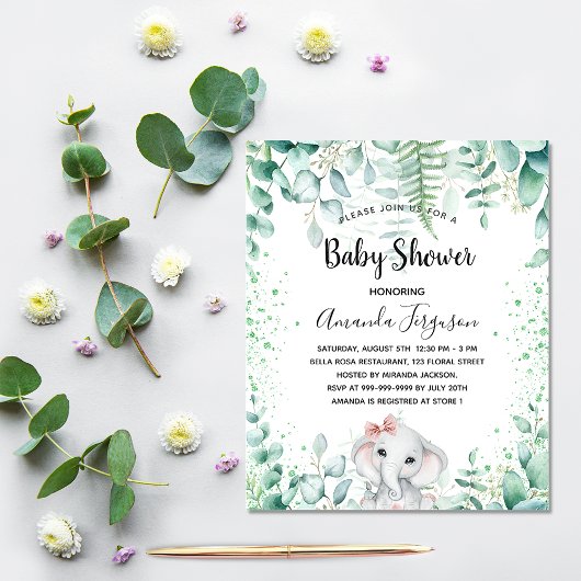 Baby shower olifant eucalyptus budget uitnodiging flyer