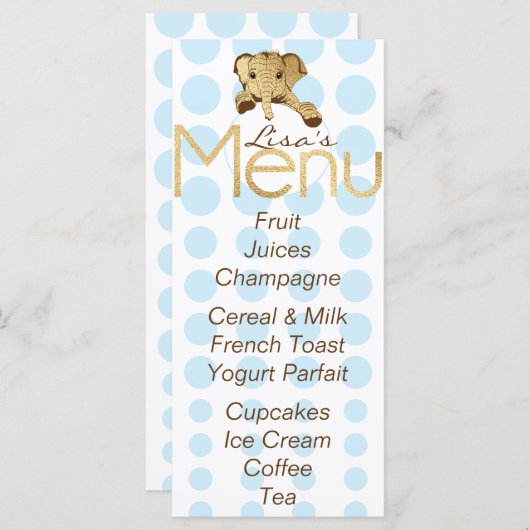Baby shower Olifant Goud Blauw Menu (Voorkant / Achterkant)