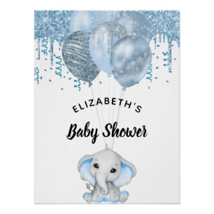 Baby shower olifant lichtblauwe witte ballonnen perfect poster