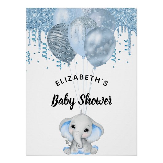 Baby shower olifant lichtblauwe witte ballonnen perfect poster (Voorkant)