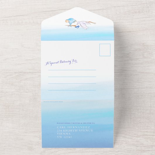 Baby shower ooievaar levering waterverf blauw all in one uitnodiging (Buitenkant)