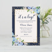 Baby shower or bleu floral Sparkle Boy Invitation (Debout devant)