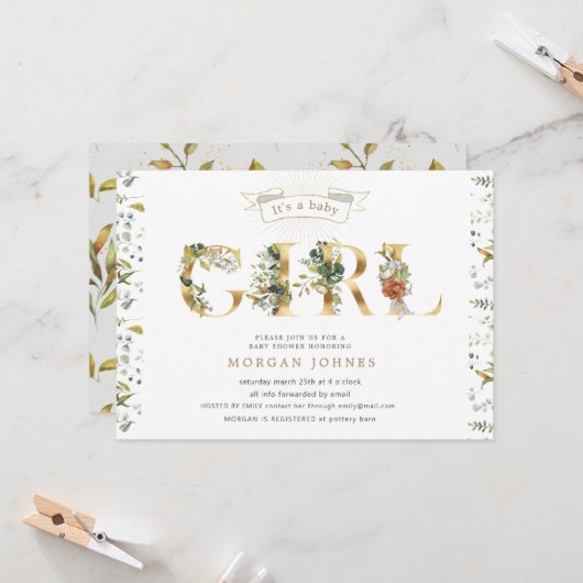 baby shower or fleuri c'est une invitation fille (Devant/Arrière en situation)