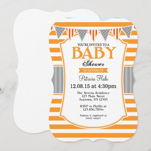 Baby shower Orange Grey Stripes Invitation (Devant / Derrière)