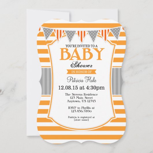 Baby shower Orange Grey Stripes Invitation (Devant)