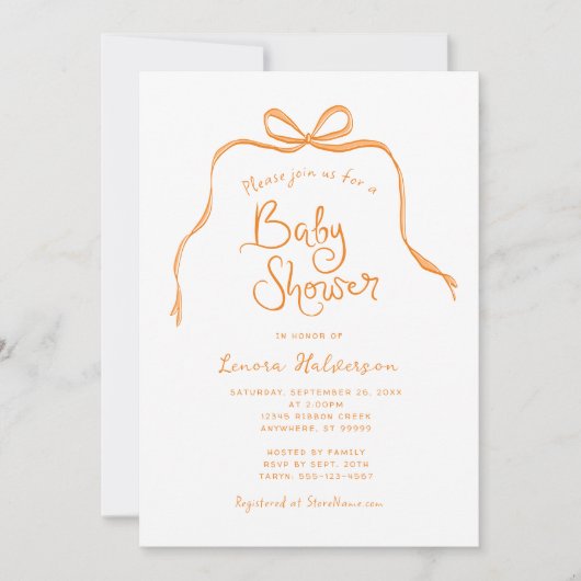 Baby shower Orange Simple Bow Invitation (Devant)