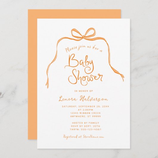 Baby shower Orange Simple Bow Invitation (Devant / Derrière)