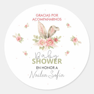 Baby shower Orejas de Conejo Rosa y Flores Ronde Sticker