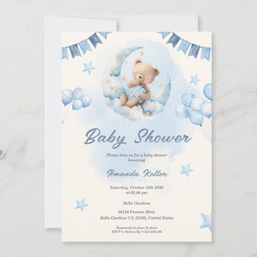 Baby shower Ours Bleu Teddy Invitation (Devant)