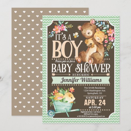 Baby shower Ours de bois Invitation Garçon (Devant / Derrière)