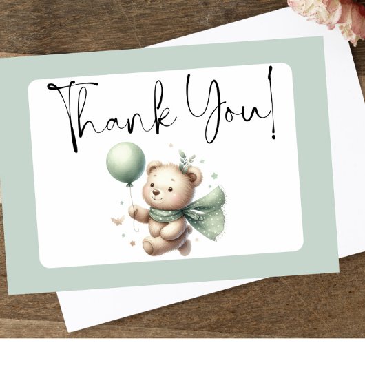 Baby shower Ours vert Sage Carte de remerciements