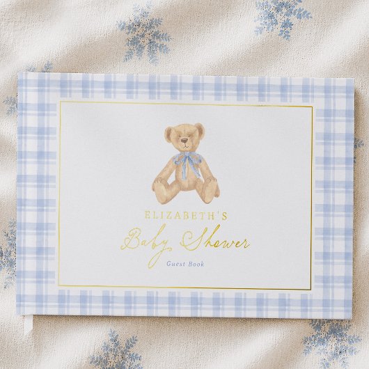 Baby Shower Ourson Bleu Gingham Vintage