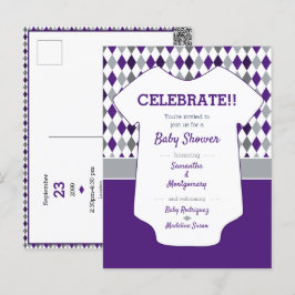 Baby shower Paars en zilver grijs argyle Briefkaart