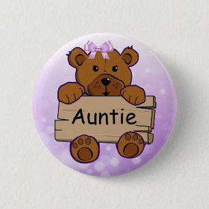 Baby shower Paarse Auntie Teddy Bear Ronde Button 5,7 Cm