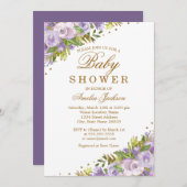 Baby shower Paarse Bloemen Waterverf Goud Kaart (Voorkant / Achterkant)