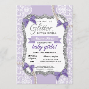 baby shower Paarse Glitter Bow Twins Girls nodigt  Kaart
