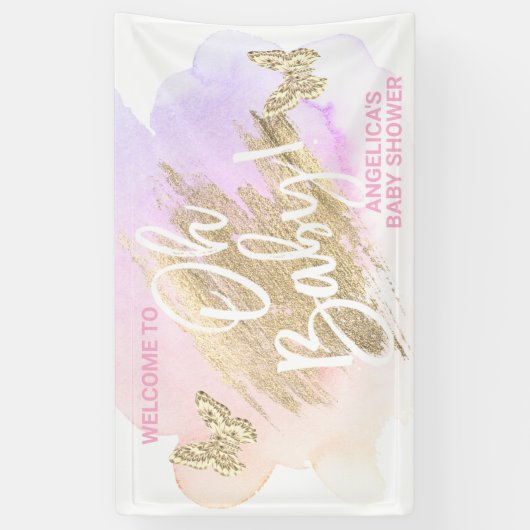 Baby shower Paarse roze goudWaterverf Spandoek (Verticaal)