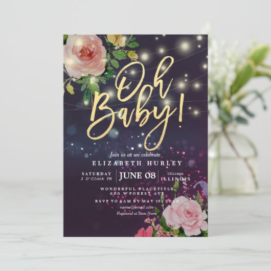 Baby shower Paarse Sparkle String Lights Kaart (Staand voorkant)