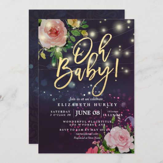 Baby shower Paarse Sparkle String Lights Kaart (Voorkant / Achterkant)