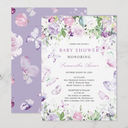 Baby shower Paarse vlinder Kaart (Voorkant / Achterkant)