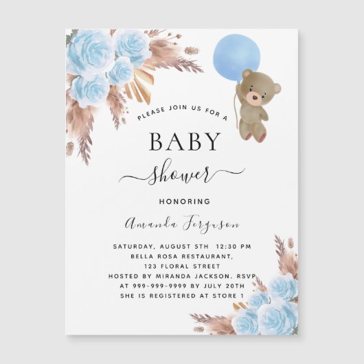 Baby shower pampas gras teddy bek blauwe luxe magnetische uitnodiging (Voorkant)