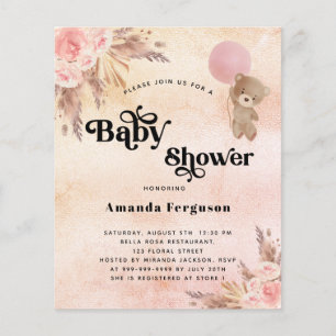 Baby shower pampas gras teddy draagt roze begrotin flyer
