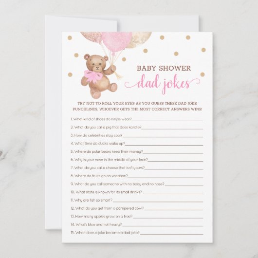 Baby shower Pap Jokes Spel Teddy Bear Roze Kaart (Voorkant)