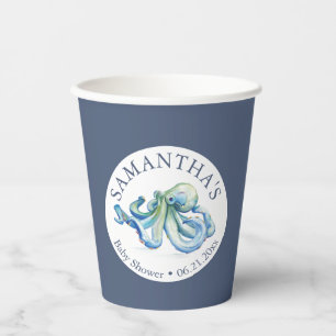 Baby shower papier bekers jongen blauw octopus