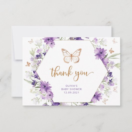 Baby shower papillon en or violet carte de remerci (Devant)