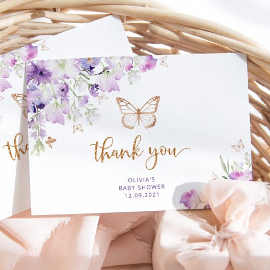 Baby shower papillon en or violet carte de remerci