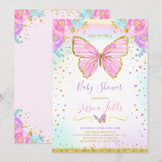 Baby shower papillon Invitation Baby shower fille (Devant / Derrière)
