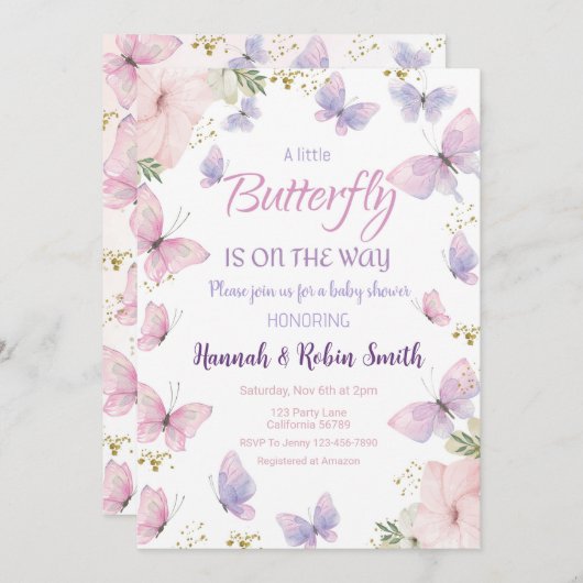 Baby shower papillon Invitation bébé fille Invitat (Devant / Derrière)