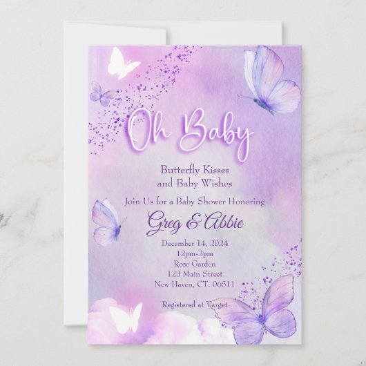 Baby shower papillon Invitation violet (Devant)