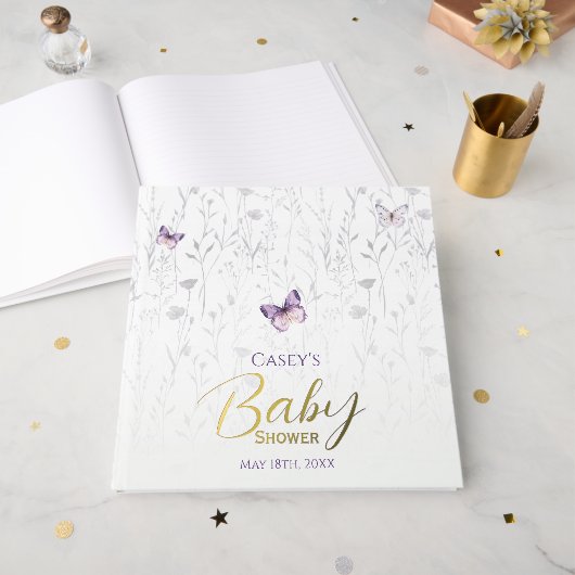 Baby shower papillon violet Boho Floral (Recto ouvert)