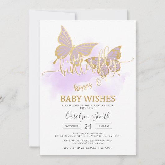 Baby shower papillon violet Invitation (Devant)