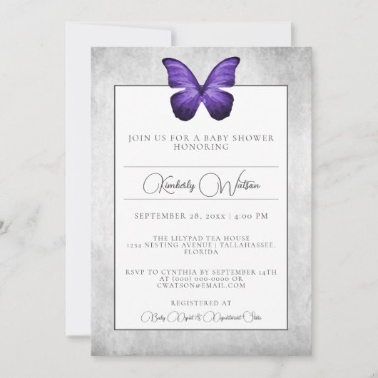 Baby shower papillon violet Invitation (Devant)