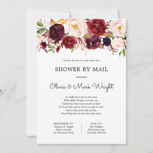 Baby shower par Mail Burgundy Floral Invitation (Devant)