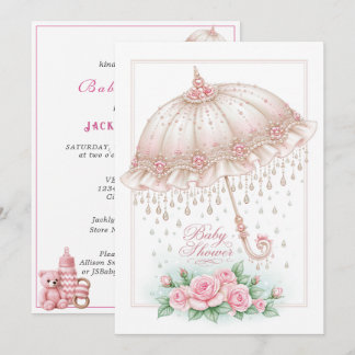 Baby Shower Paraplu Regendruppels Roze Rozen Kaart