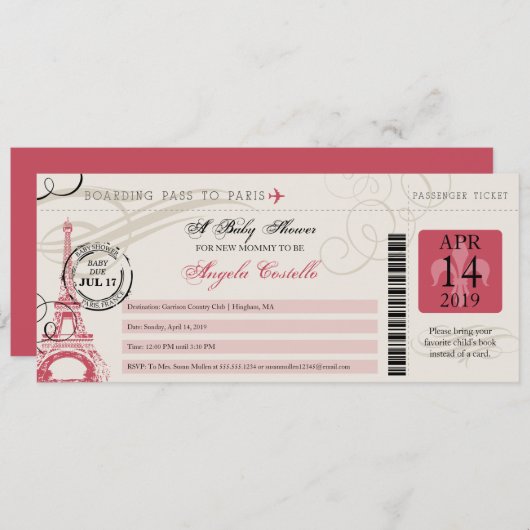 Baby shower Paris Boarding Pass Kaart (Voorkant / Achterkant)