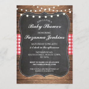 baby shower Party Red Gingham Barn Chalk Invite Kaart