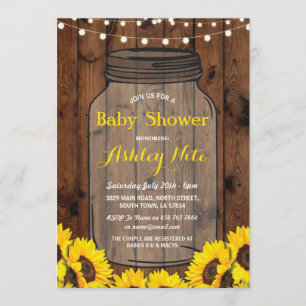 baby shower Party Rustic Jar Wood Sunflower Invite Kaart
